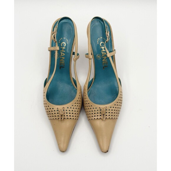 CHANEL Shoes - Chanel Beige Leather Perforated Slingback Heels w/ CC Charm Accent EU 35.5